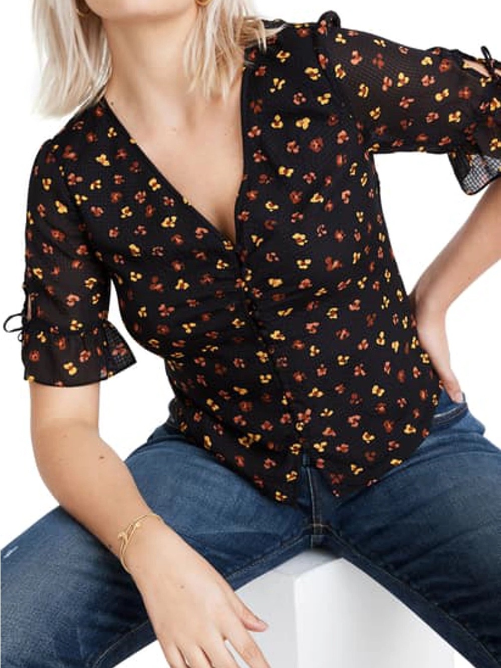 Madewell Black Floral V-Neck Short-Sleeve Blouse